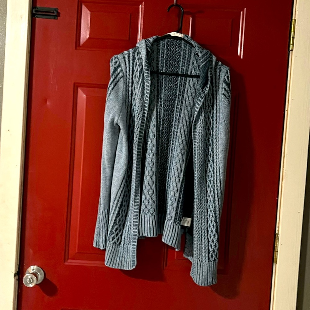 Blue hooded cardigan sweater